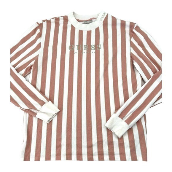 Guess Pink Striped Long Sleeve Crew Neck Shirt Embroidered Guess Logo Women's M - Picture 5 of 16